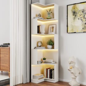 5-Tier Corner Bookshelf with LED Lighting, Freestanding L-Shaped Display Shelf (White)