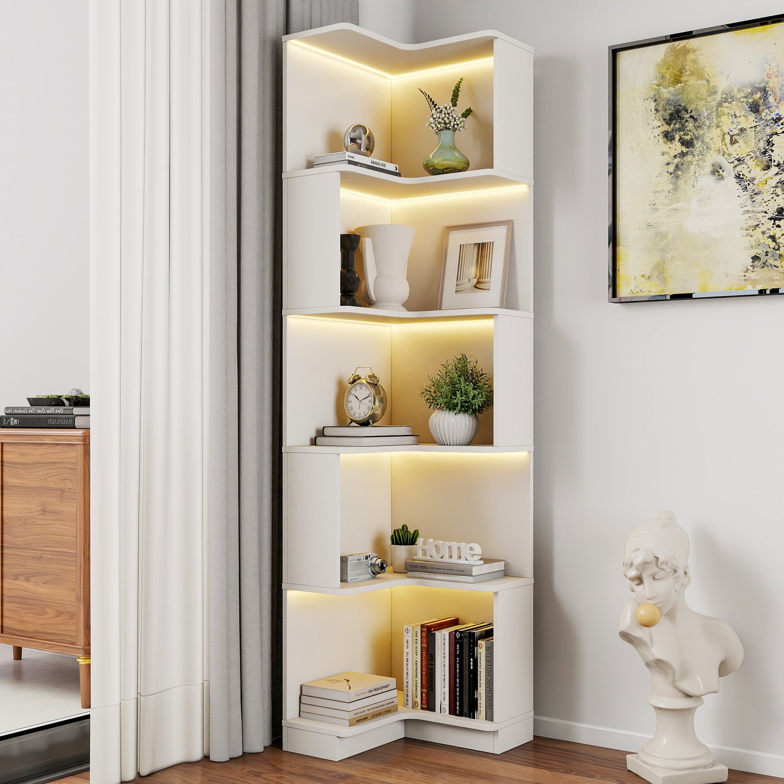 5-Tier Corner Bookshelf with LED Lighting, Freestanding L-Shaped Display Shelf (White)