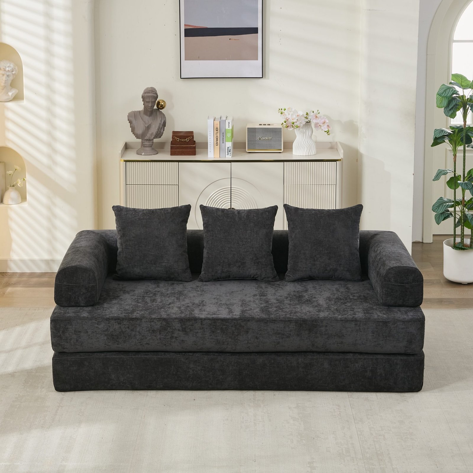 Convertible Folding Floor Sofa Bed with Armrests, Fabric Lounge Couch (Black - Image 5