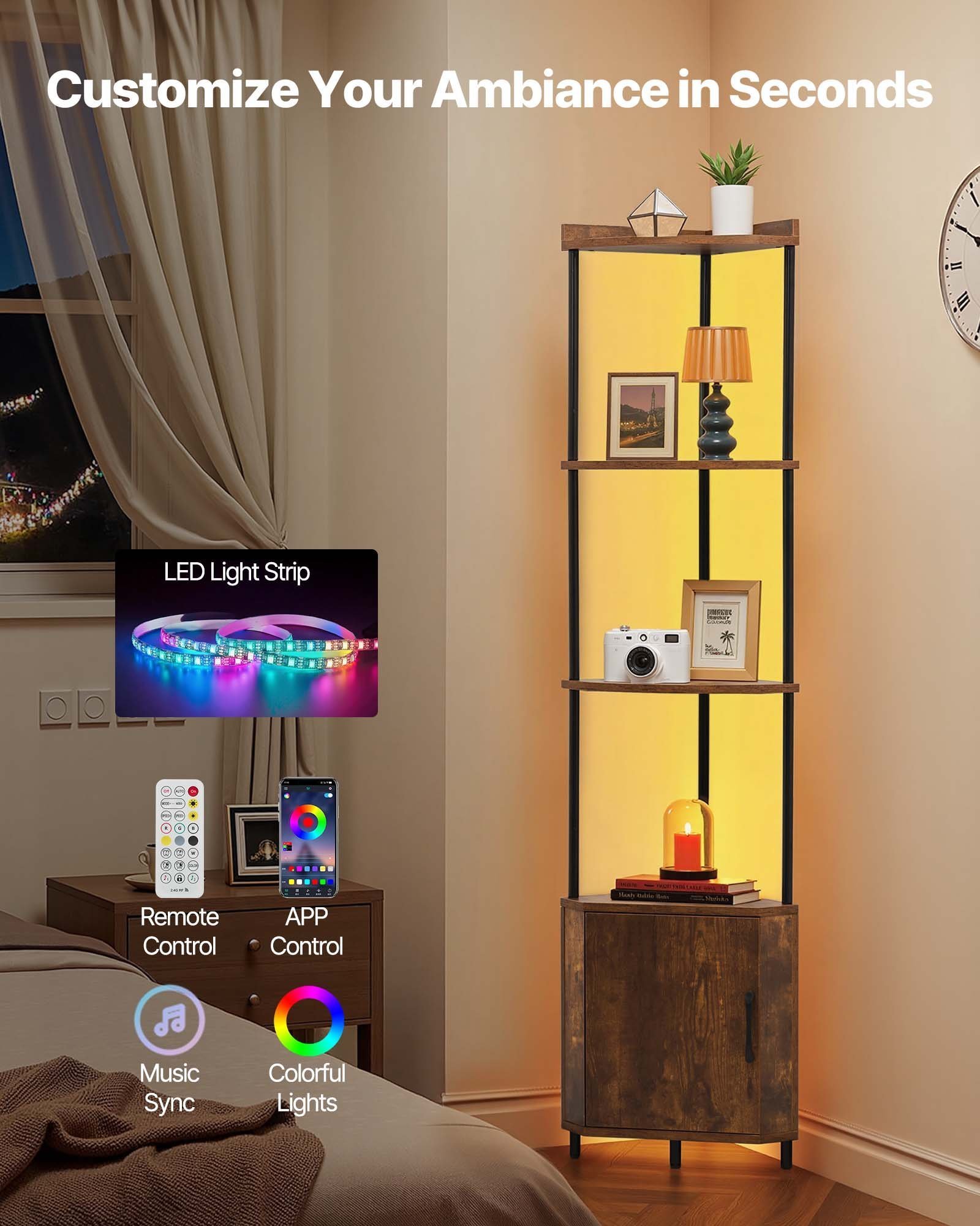 5-Tier Corner Shelf with Cabinet and LED Lighting, Freestanding Corner Bookcase (Brown) - Image 4