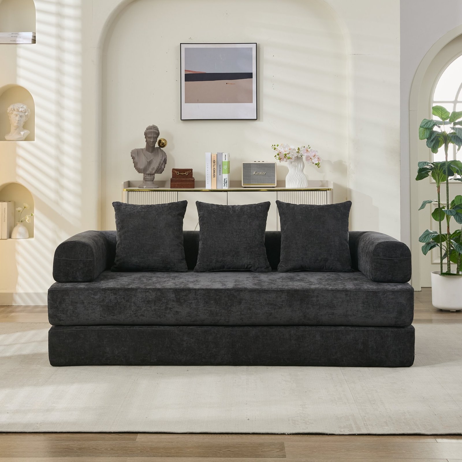 Convertible Folding Floor Sofa Bed with Armrests, Fabric Lounge Couch (Black - Image 3