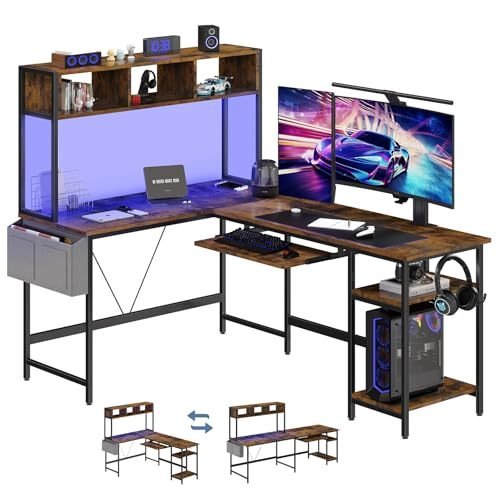 Reversible L-Shaped Gaming Desk with Monitor Shelf, Storage Rack and LED Lighting (Black) - Image 4