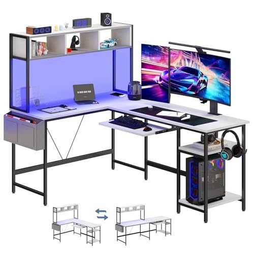 Reversible L-Shaped Gaming Desk with Monitor Shelf, Storage Rack and LED Lighting (Black) - Image 2