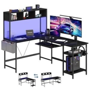 Reversible L-Shaped Gaming Desk with Monitor Shelf, Storage Rack and LED Lighting (Black)
