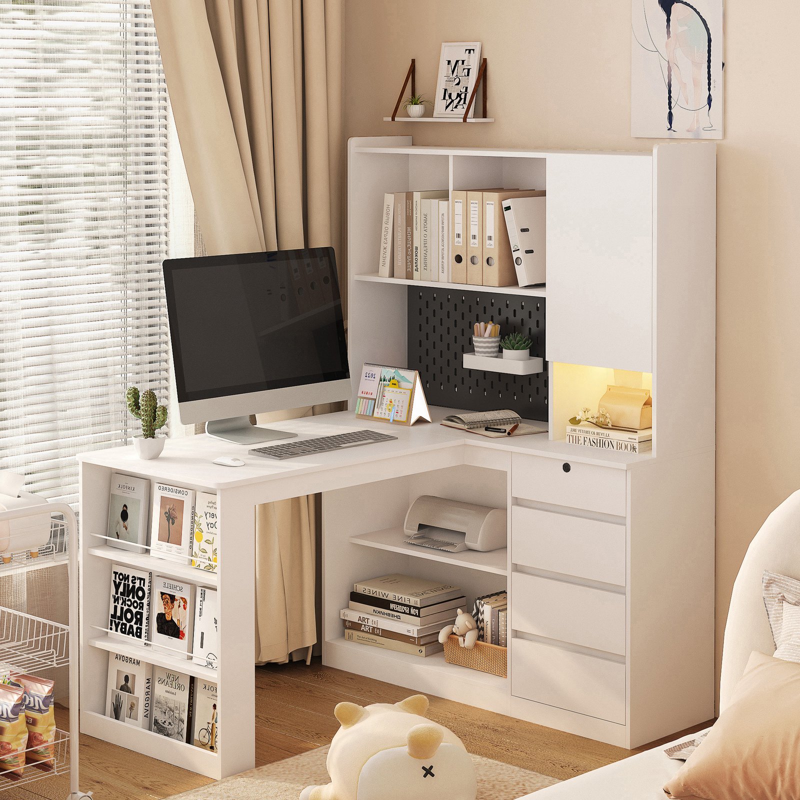Compact Computer Desk with Storage Shelves and Drawers, Freestanding Home Office Desk (White)