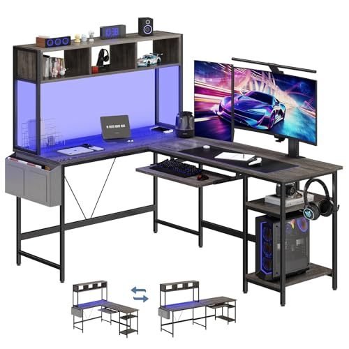 Reversible L-Shaped Gaming Desk with Monitor Shelf, Storage Rack and LED Lighting (Black) - Image 3