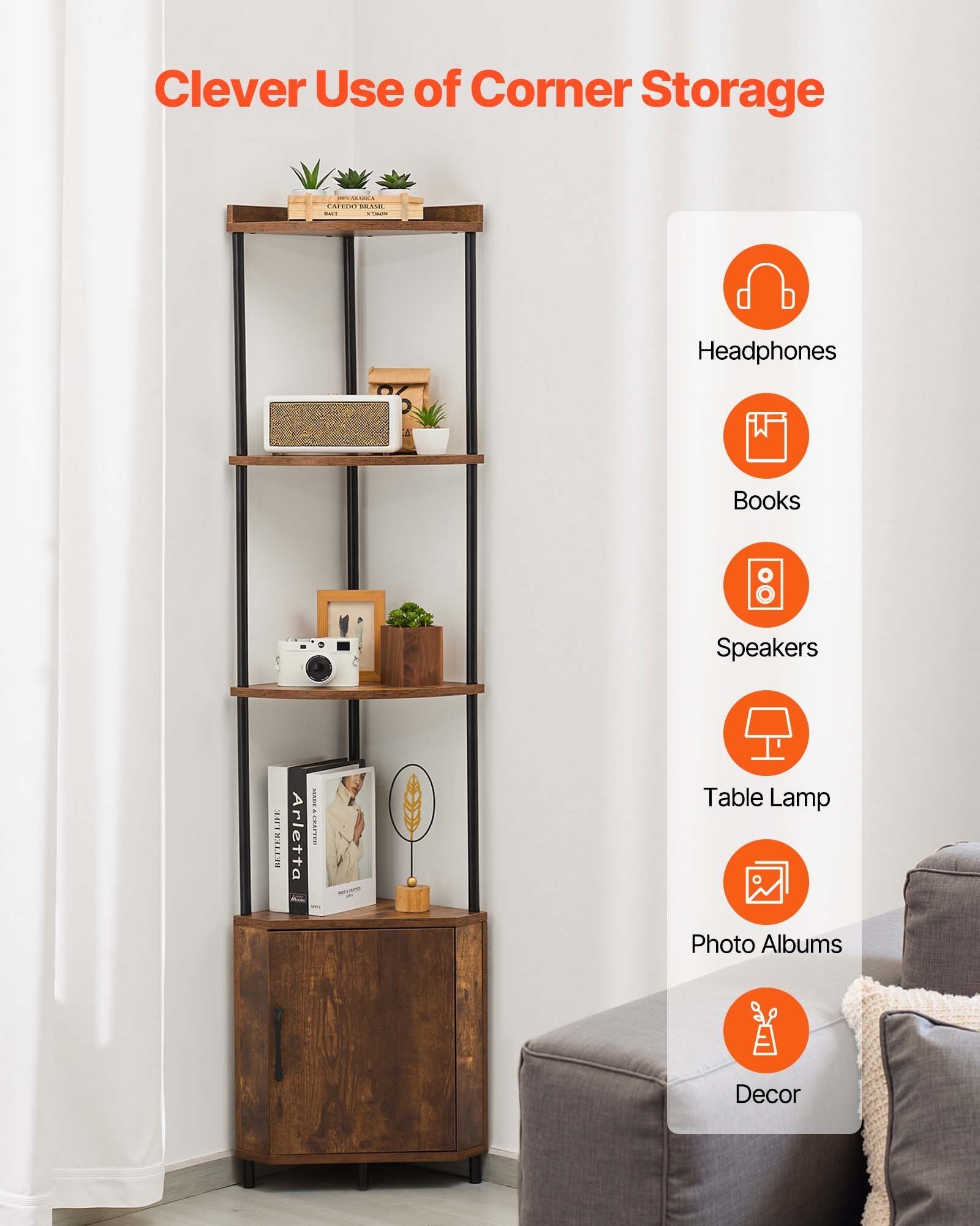 5-Tier Corner Shelf with Cabinet and LED Lighting, Freestanding Corner Bookcase (Brown) - Image 3