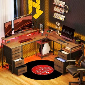 Reversible L-Shaped Computer Desk with Drawer, Power Outlets and LED Lighting (Rustic Brown)