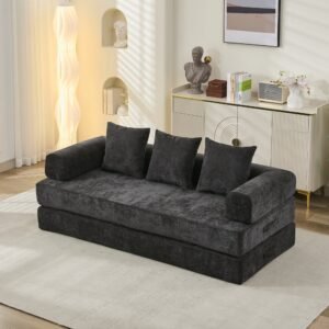 Convertible Folding Floor Sofa Bed with Armrests, Fabric Lounge Couch (Black