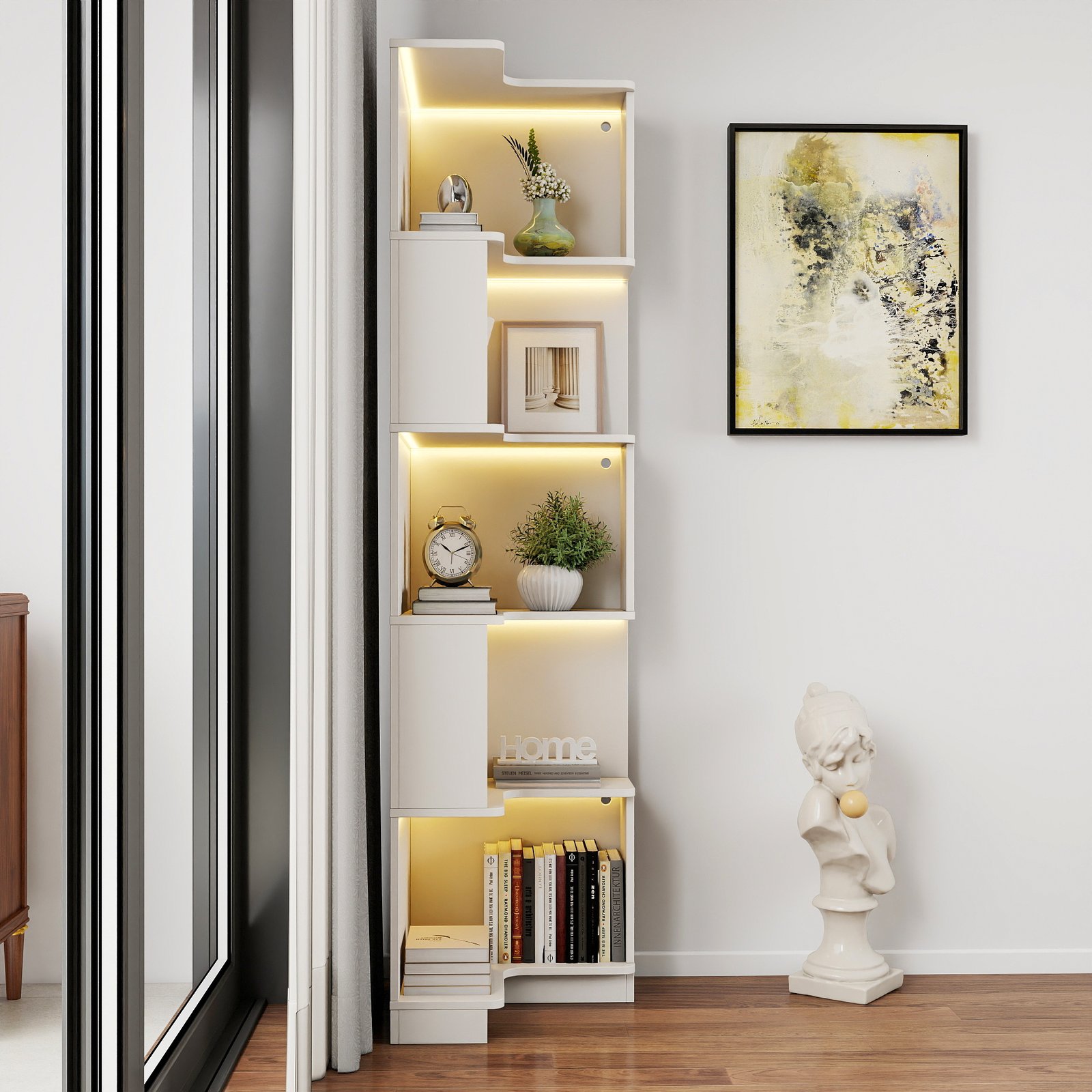 5-Tier Corner Bookshelf with LED Lighting, Freestanding L-Shaped Display Shelf (White) - Image 2