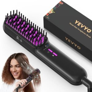 Electric Hair Straightening Brush with Ceramic Bristles, Adjustable Heat Styling Brush (Purple)