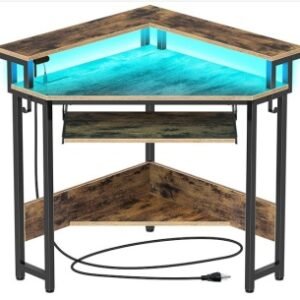 L-Shaped Corner Computer Desk with LED Lighting and Storage Shelf (Rustic Brown/Black)