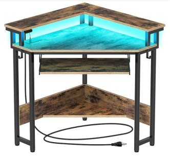 L-Shaped Corner Computer Desk with LED Lighting and Storage Shelf (Rustic Brown/Black)