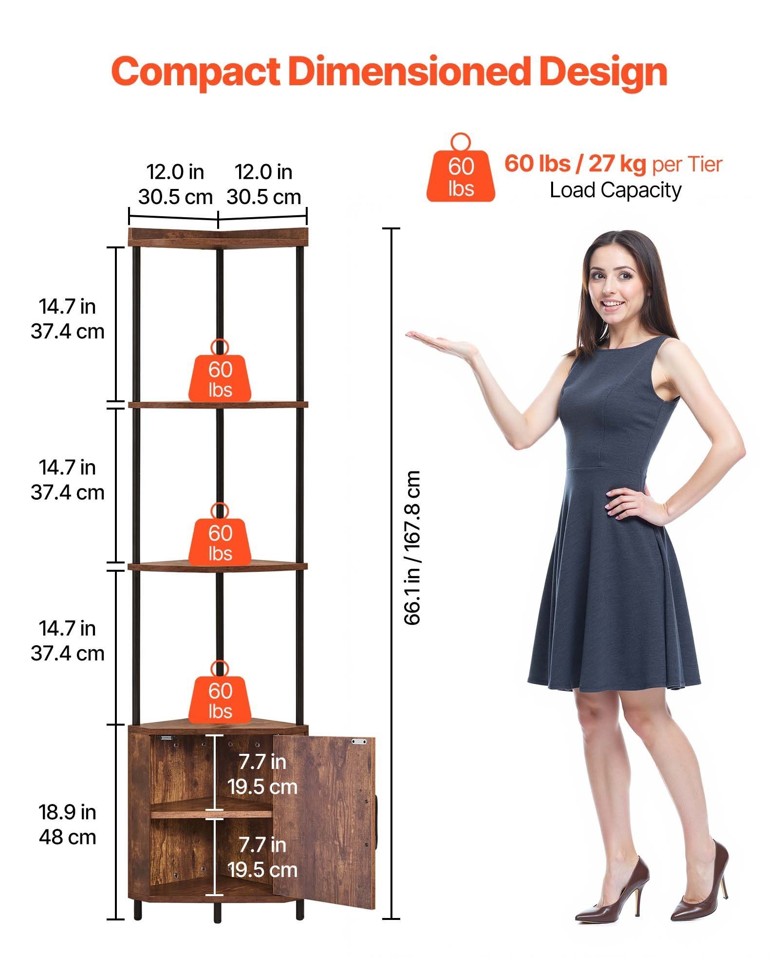 5-Tier Corner Shelf with Cabinet and LED Lighting, Freestanding Corner Bookcase (Brown) - Image 2