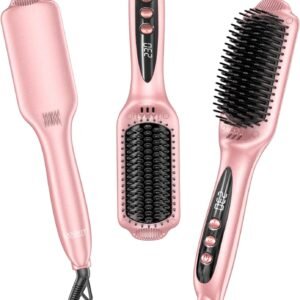 Electric Hair Straightening Comb with Ceramic Heating Teeth, Adjustable Temperature Styling Tool (Pink)